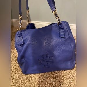 Tory Burch blue leather tote handbag.